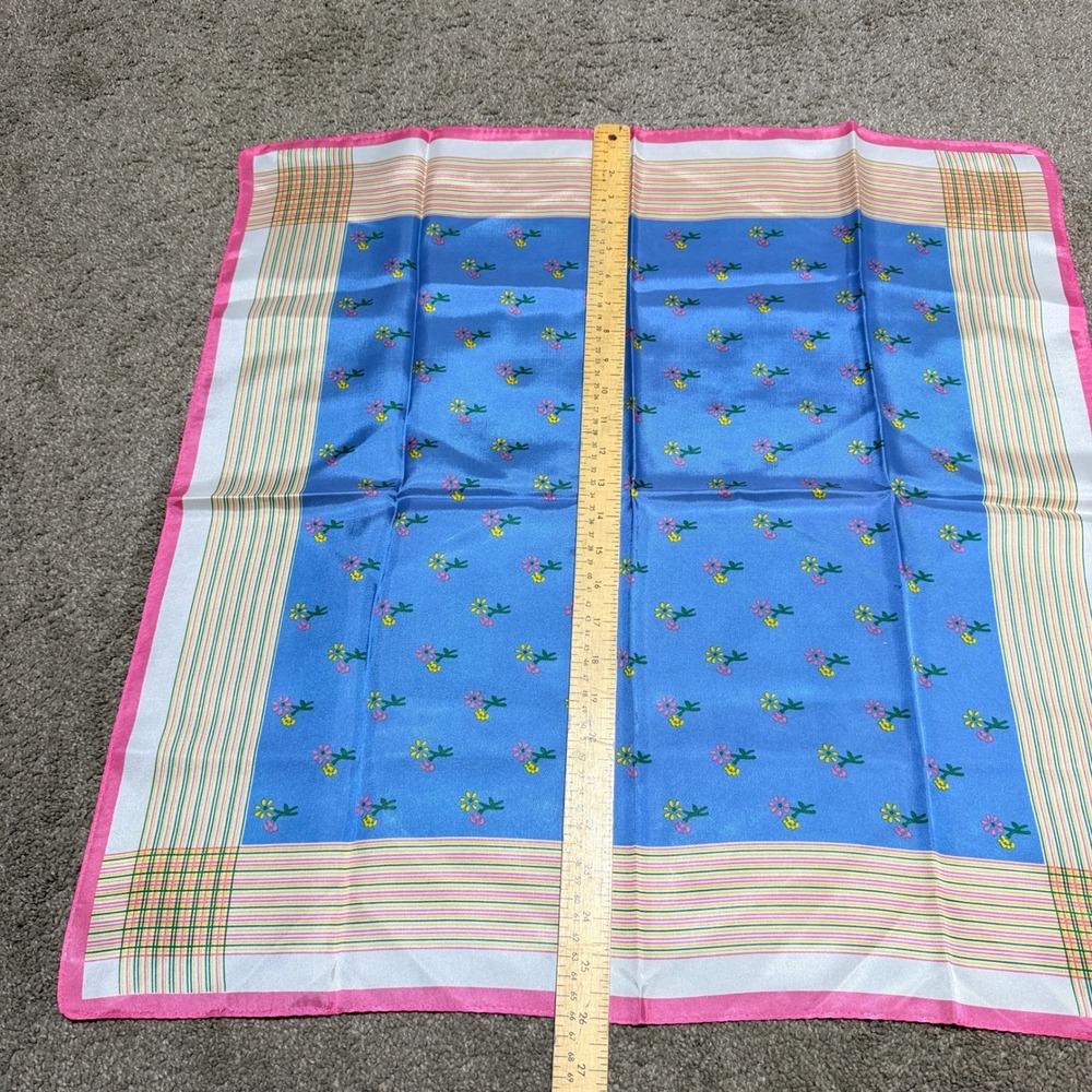 Vintage Dorena Blue Floral Stripe Square Scarf Made in Japan Pink Border 26in